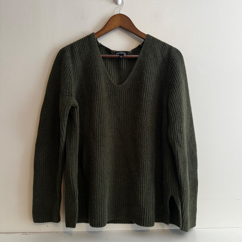 J.Crew Women's Lg Mercantile Green V-Neck Knit Sweater 100% Cotton Fall Staples